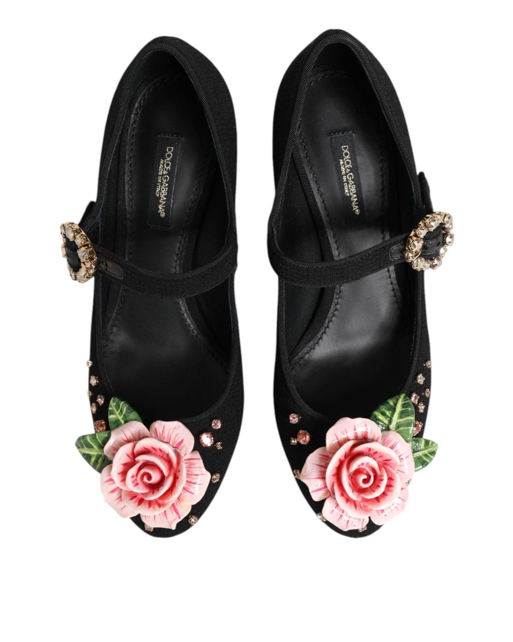Dolce & Gabbana Black Flower Crystal Embellished Mary Jane Shoes Wool Rayon Goat Skin