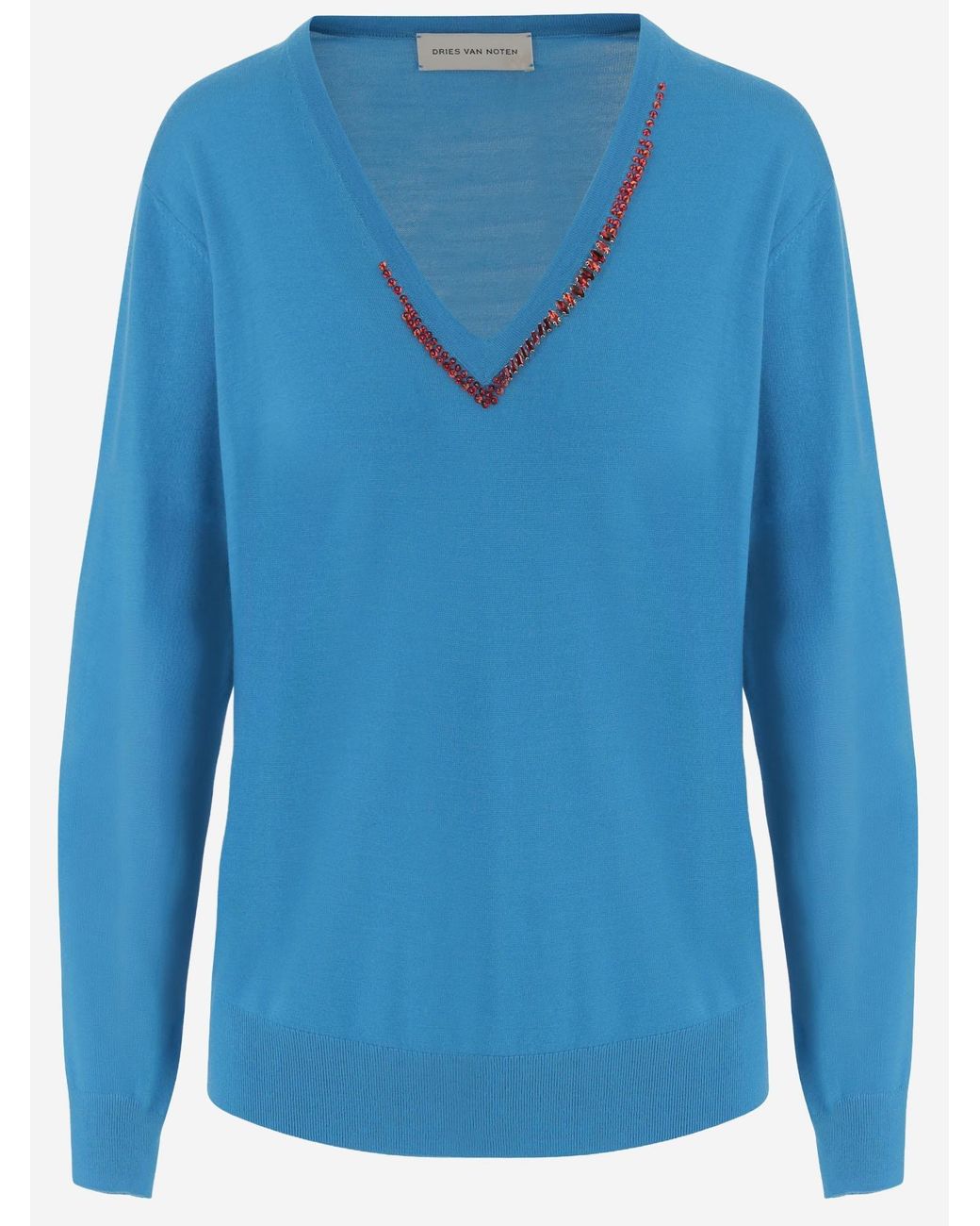 Dries Van Noten Blue Wool Sweater With Embellished V-Neck, Merino