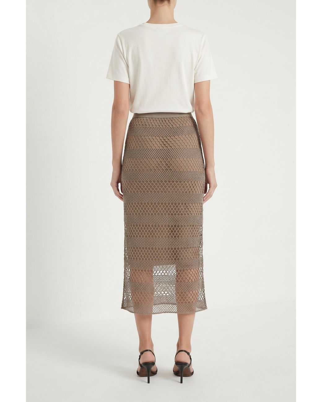 Brunello Cucinelli Natural Taupe Mesh Midi Skirt