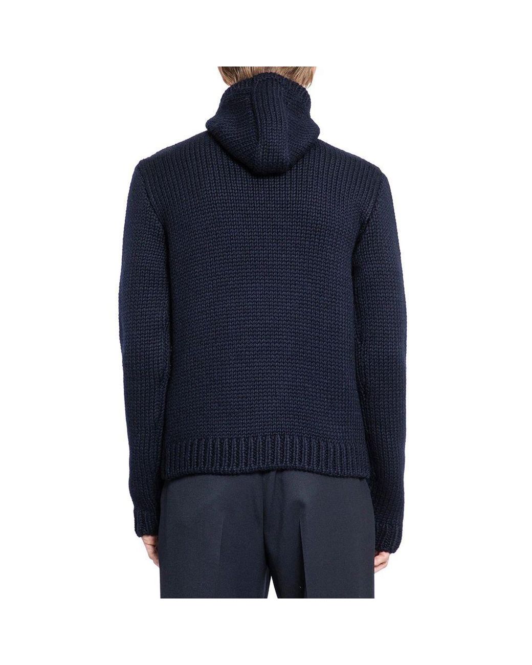Prada Blue Wool Hooded Sweater for men