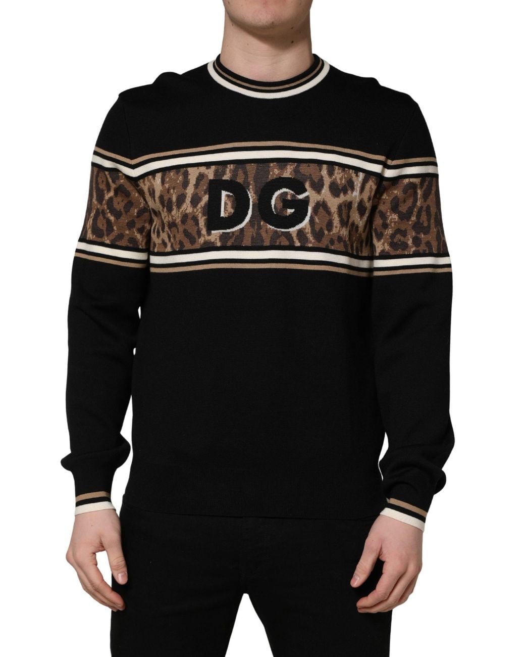 Dolce & Gabbana Black Leopard Wool Crew Neck Pullover Sweater Virgin Nylon Clothing for men