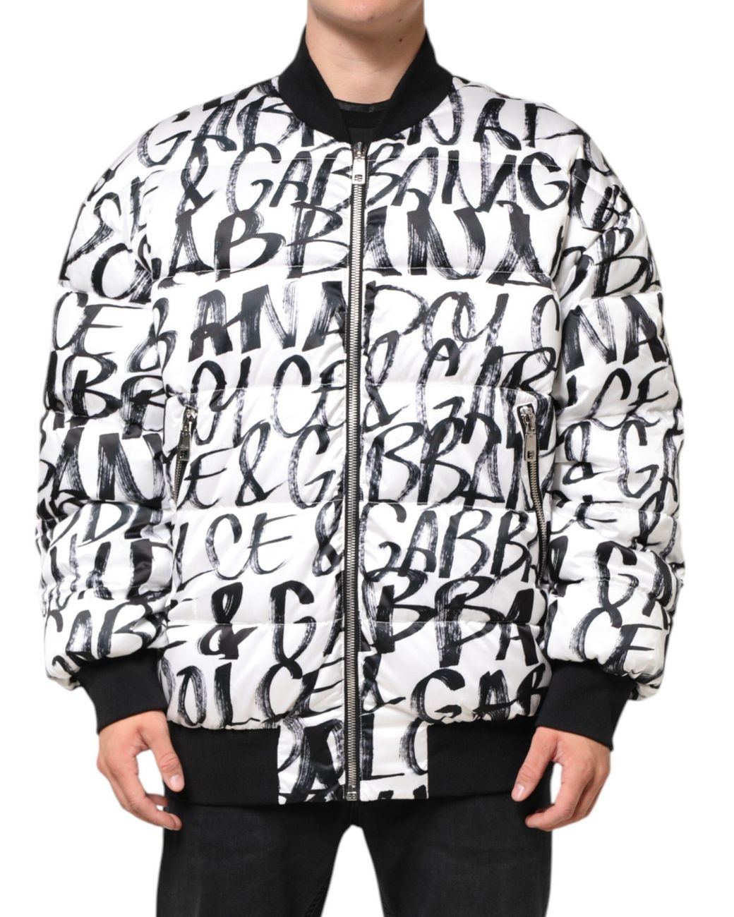Dolce & Gabbana Black Graffiti Logo Puffer Bomber Jacket Polyester Clothing for men