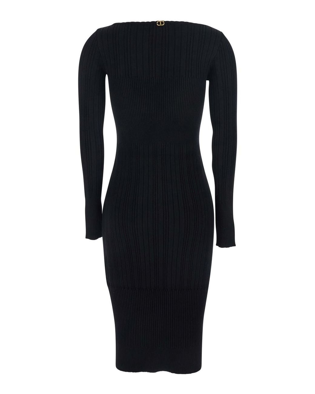 Twinset Blue Long Dress With Boat Neck And Ribbed Design