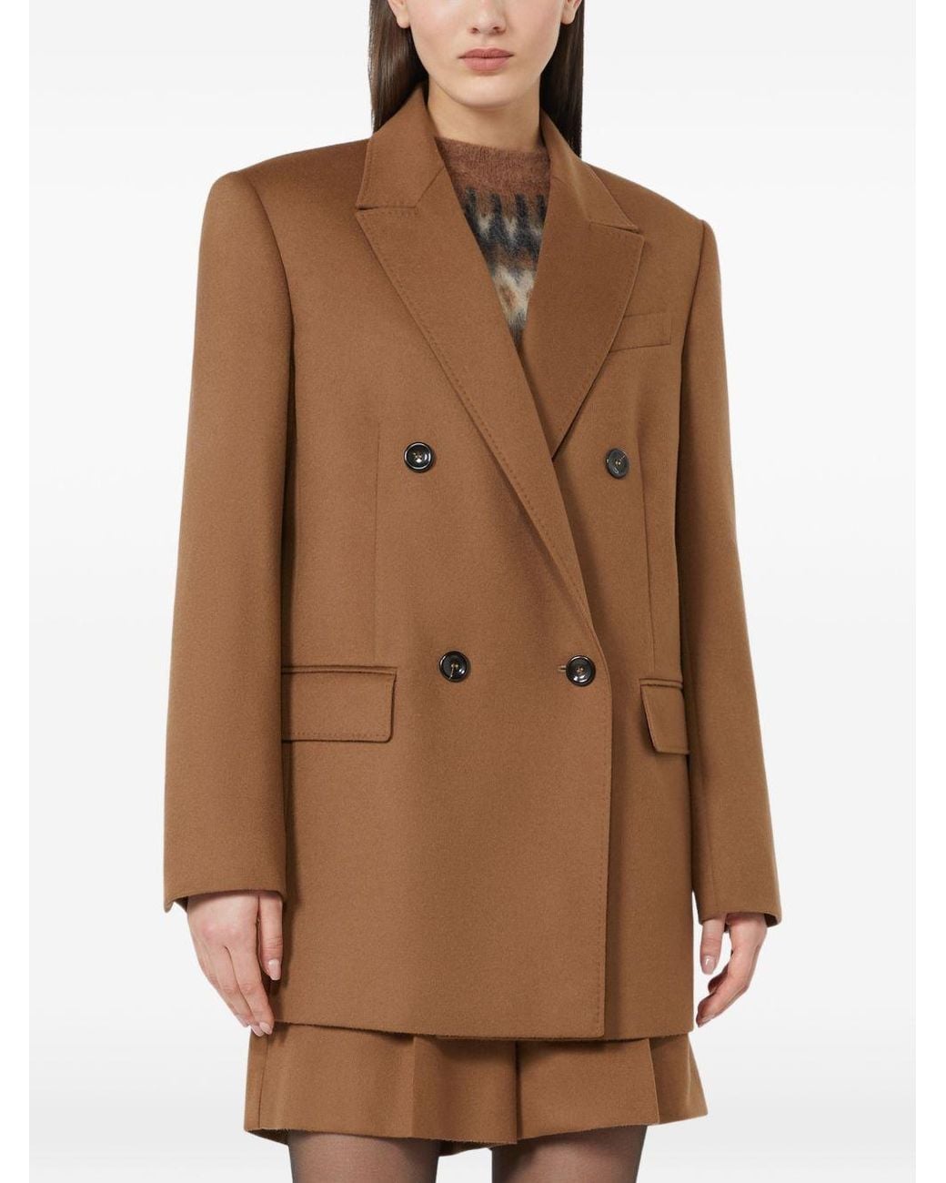 Max Mara Brown Msthobby Tan-Colored Lightweight Pure Wool Drap Loose-Fit Double-Breasted Blazer