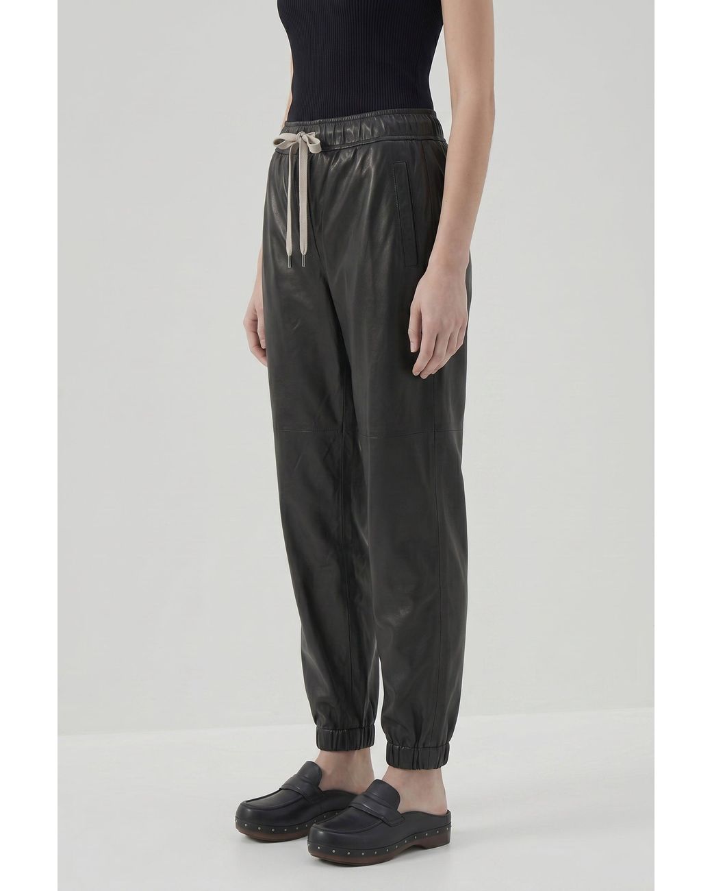 Brunello Cucinelli Black Leather Relaxed Trousers