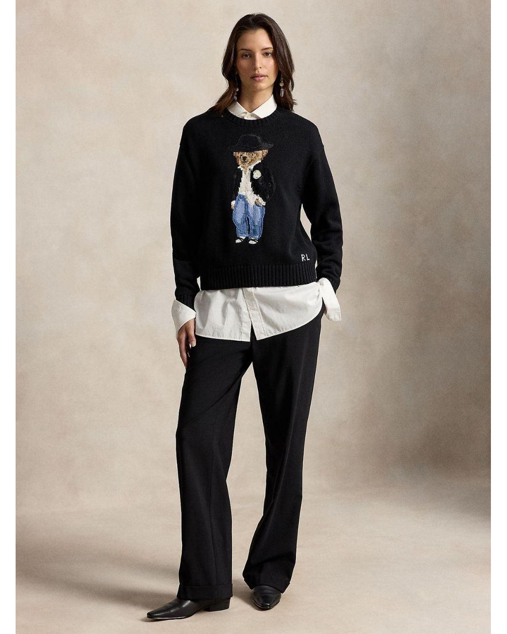 Polo Ralph Lauren Black Cotton Knit Pullover With Jacquard Bear Logo