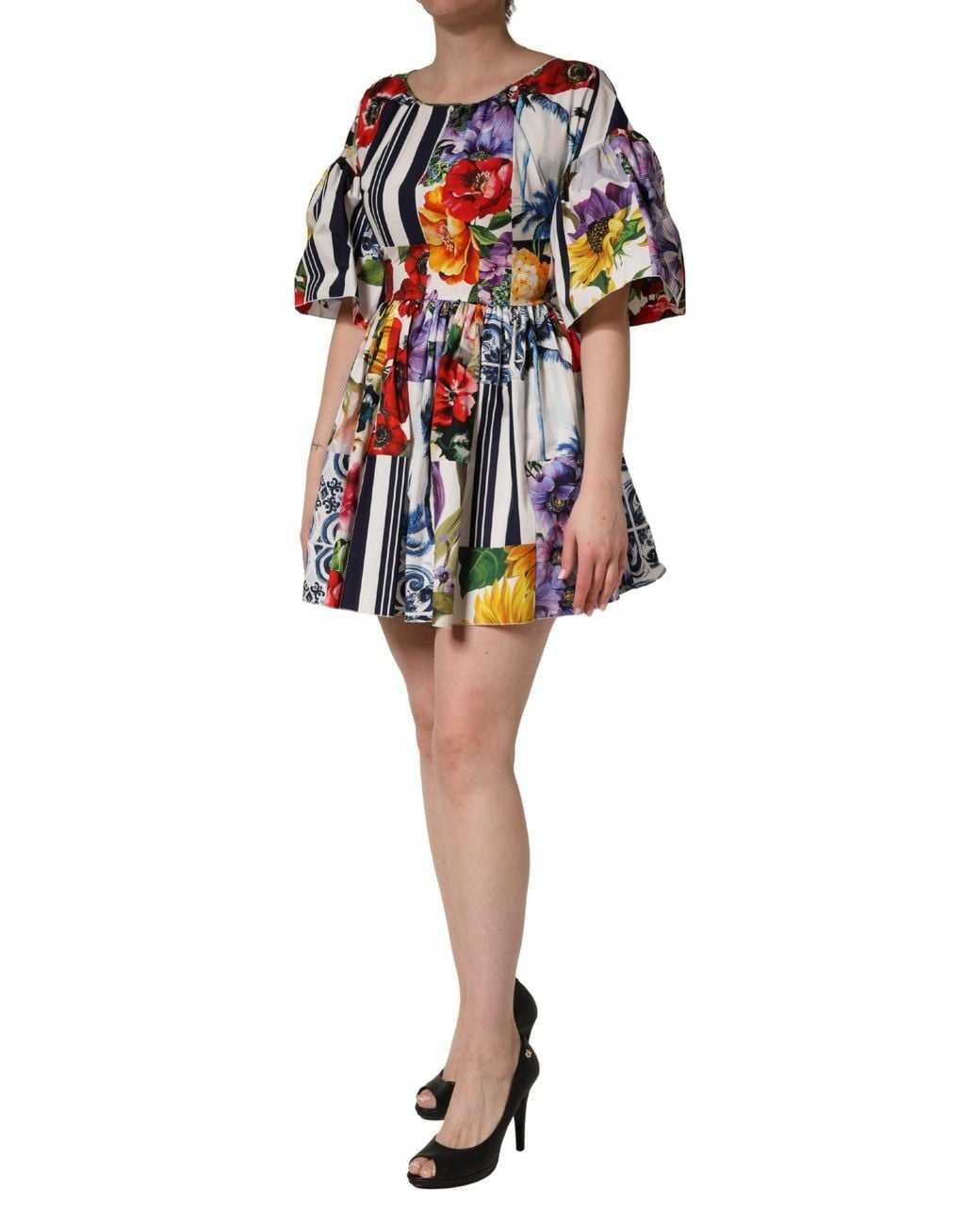 Dolce & Gabbana Blue Patchwork Cotton Poplin Mini Dress