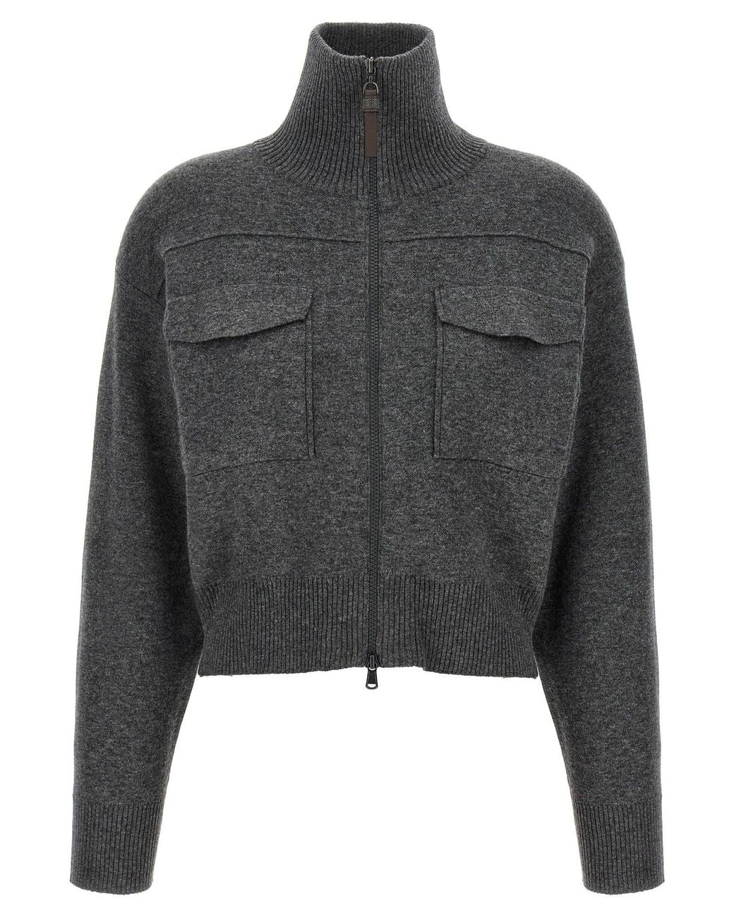 Brunello Cucinelli Gray Wool Zip-Front Crop Cardigan