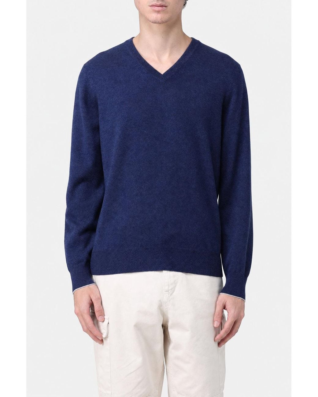 Brunello Cucinelli Blue Wool V Neck Sweater for men