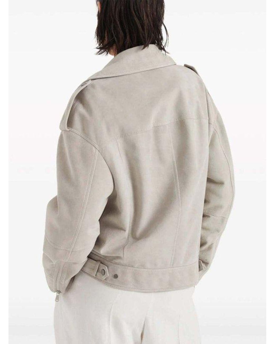 Brunello Cucinelli Gray Light Leather Biker Jacket