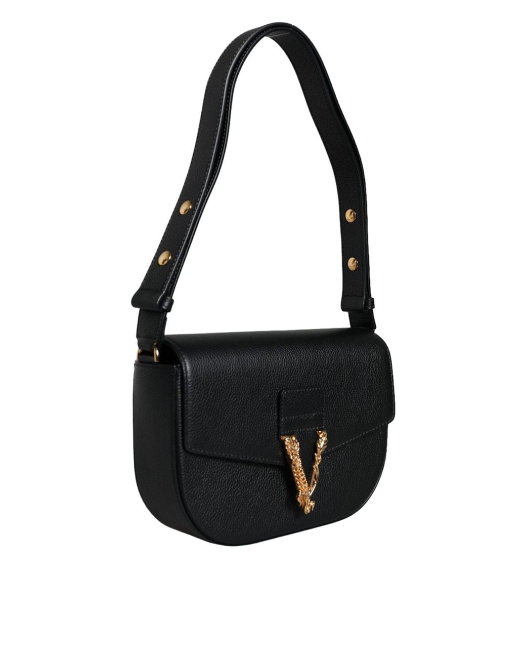 Versace Black Grainy Calf Leather Logo Crossbody Shoulder Bag