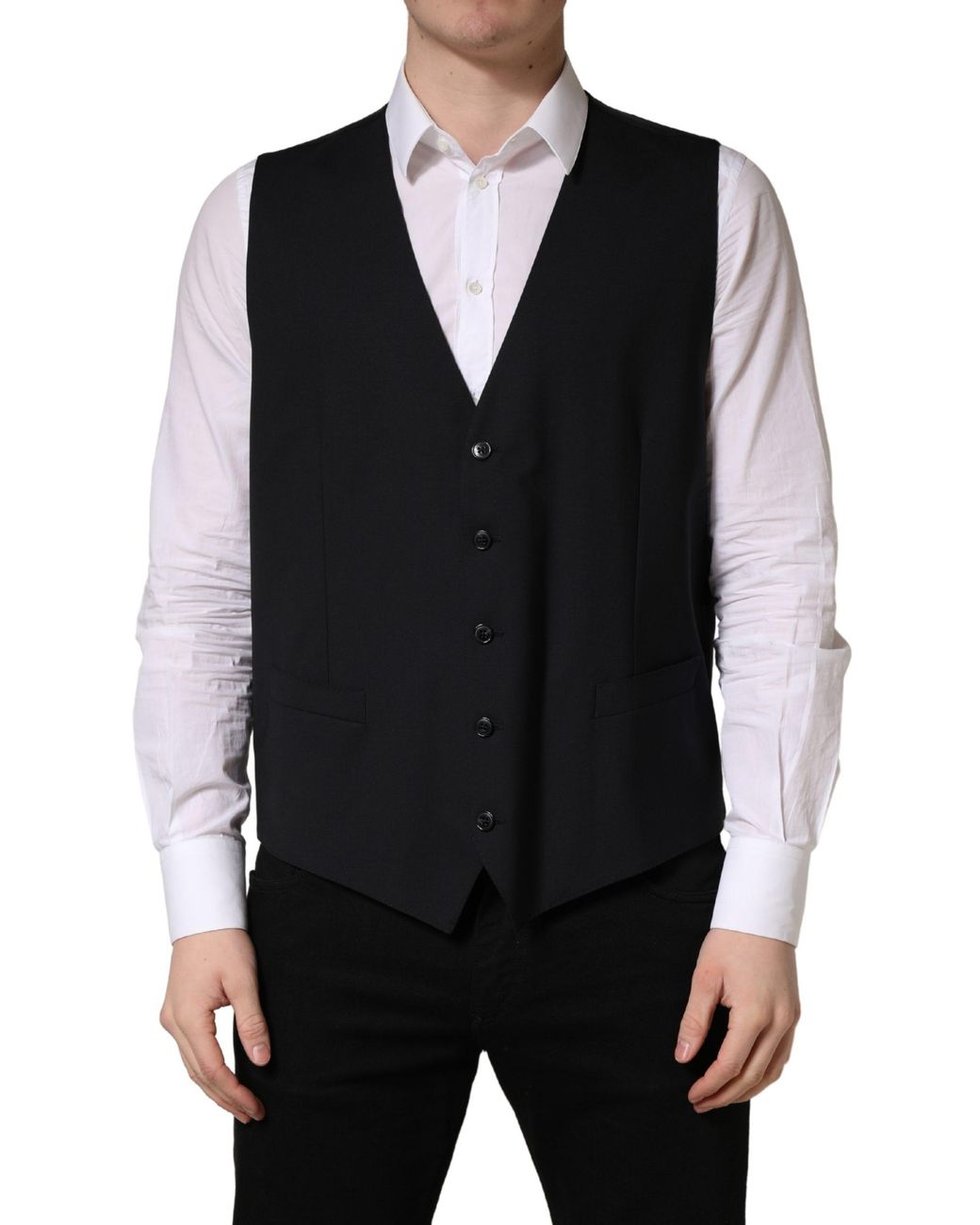 Dolce & Gabbana Black Wool Single Breasted Waistcoat Vest Virgin Elastane Clothing for men