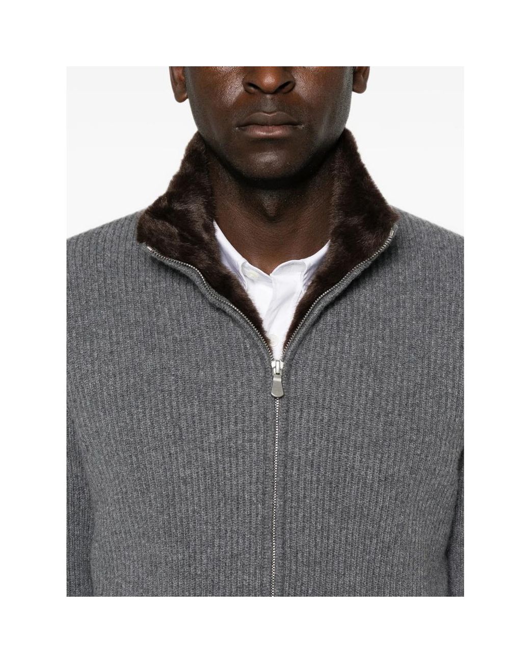 Barba Napoli Gray Fur-Trim Ribbed-Knit Jacket for men