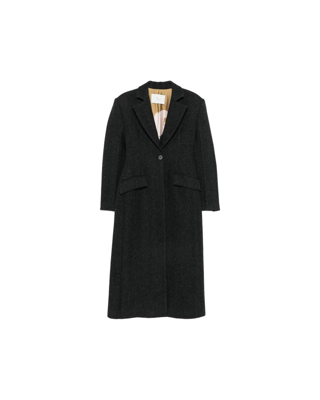 Tela Black Herringbone Single-Breasted Coat