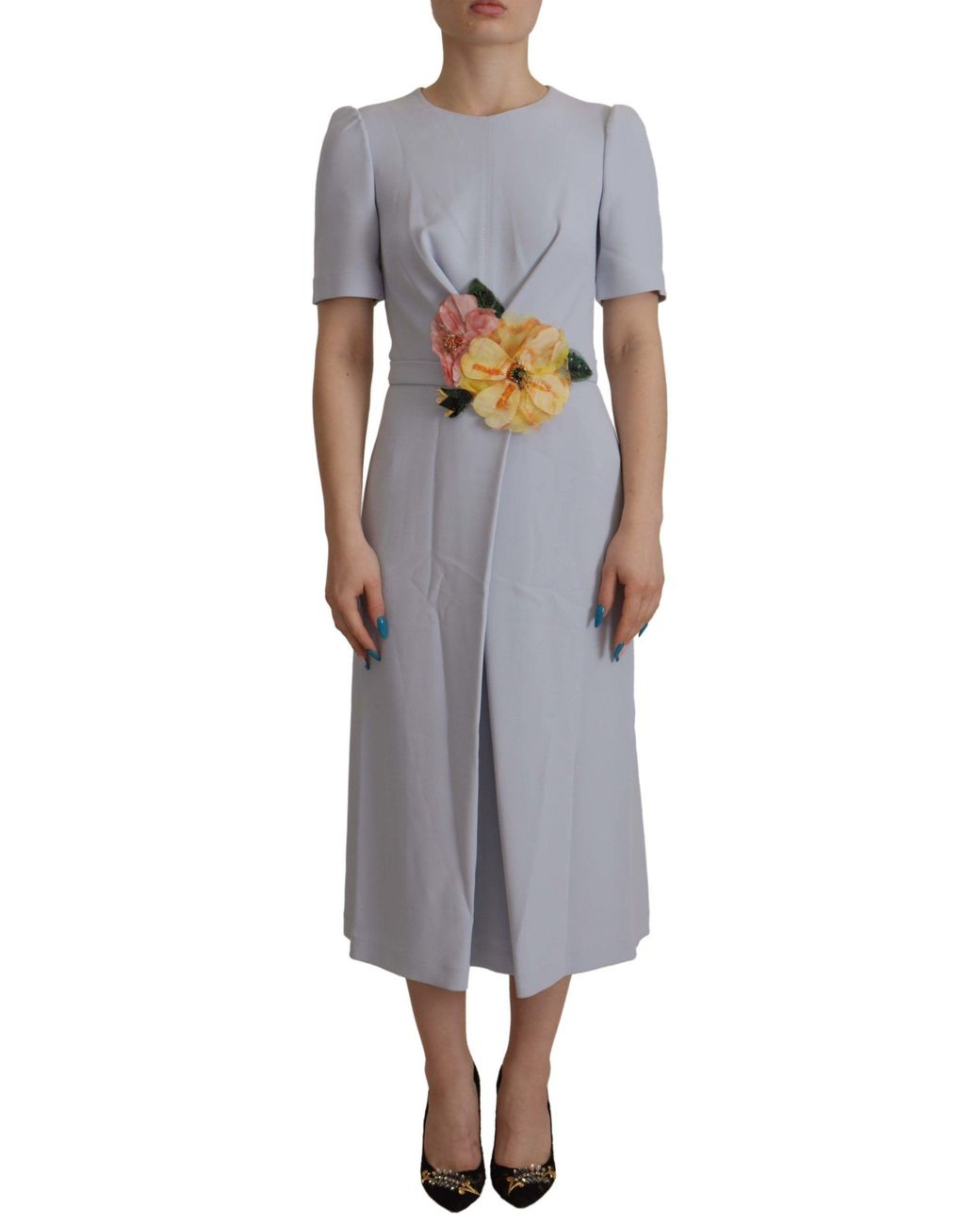 Dolce & Gabbana Black Floral Applique Midi Viscose Dress Acetate Elastane