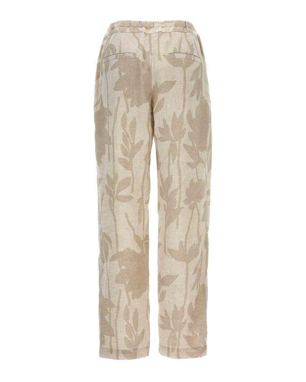 Brunello Cucinelli Naturale Linen Relaxed Floral Trousers