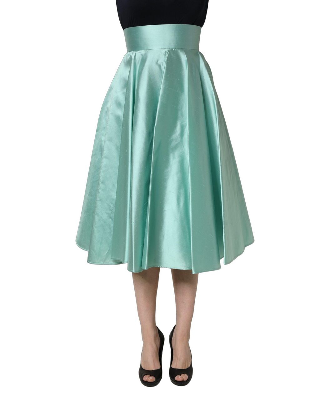 Dolce & Gabbana Blue Satin High-Waisted Pleated A-Line Midi Skirt Silk
