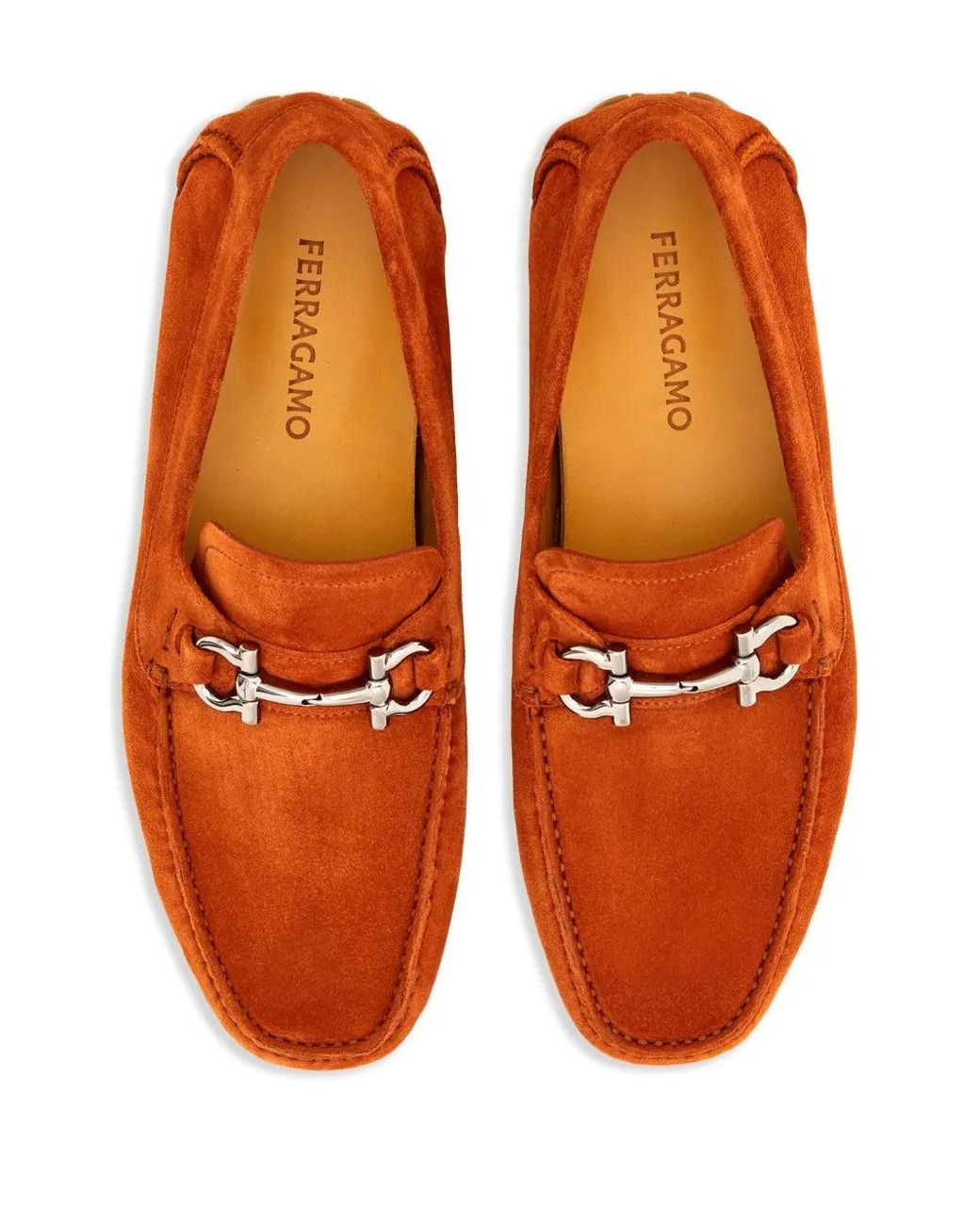 Ferragamo Orange Gancini Suede Driving Shoes 020350768076 Loafers for men