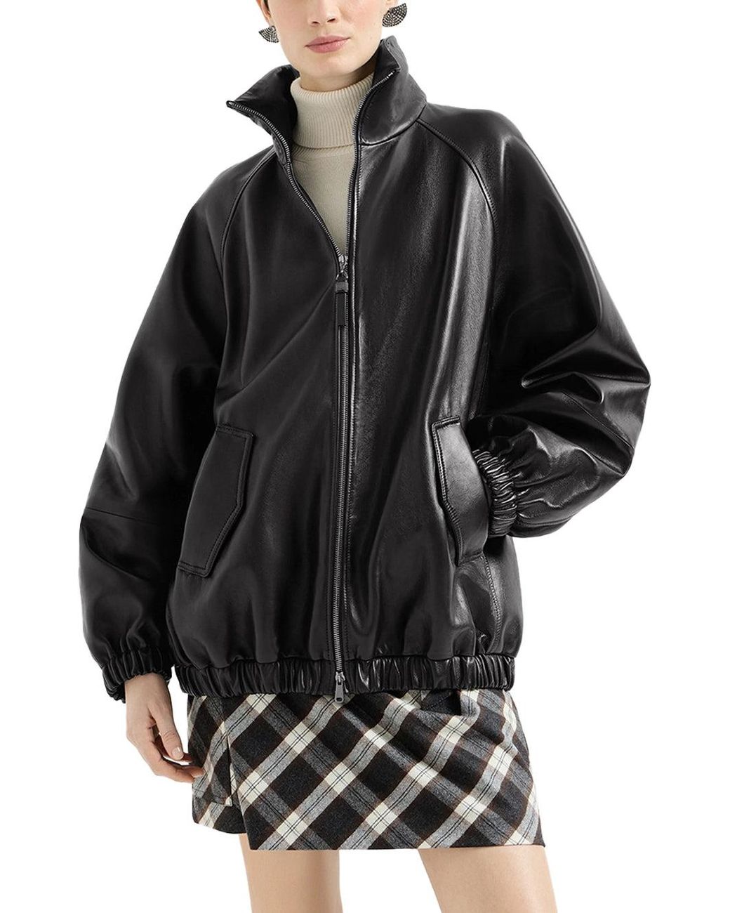 Brunello Cucinelli Black Nappa Leather Bomber Jacket