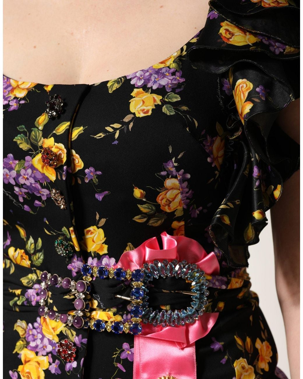 Dolce & Gabbana Black Purple Crystal Brooch Silk Midi Dress