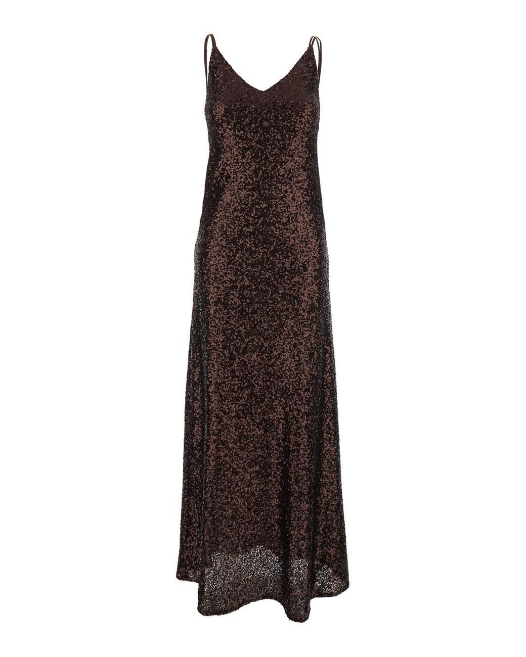 Le Plain Brown Long Dress Plain With Straps And All-Over Applied Sequins Fabric For