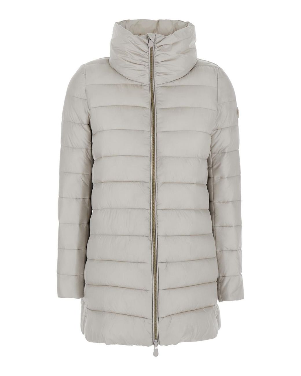 Save The Duck Gray Lydia Down Jacket With High Neck And Logo Patch On The Sleeve