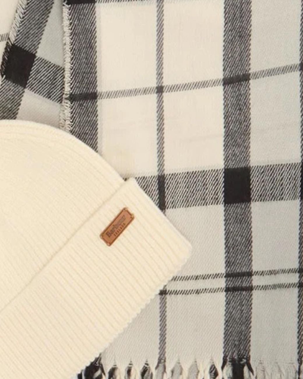 Barbour Gray Beanie And Scarf Gift Set Dover Monochrome Tartan Viscose