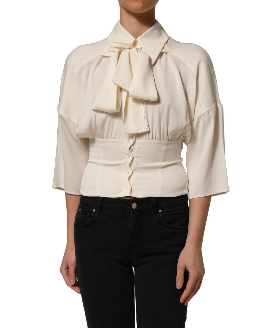 Dolce & Gabbana Natural Ascot Collar Long Sleeves Blouse Top Silk Elastane