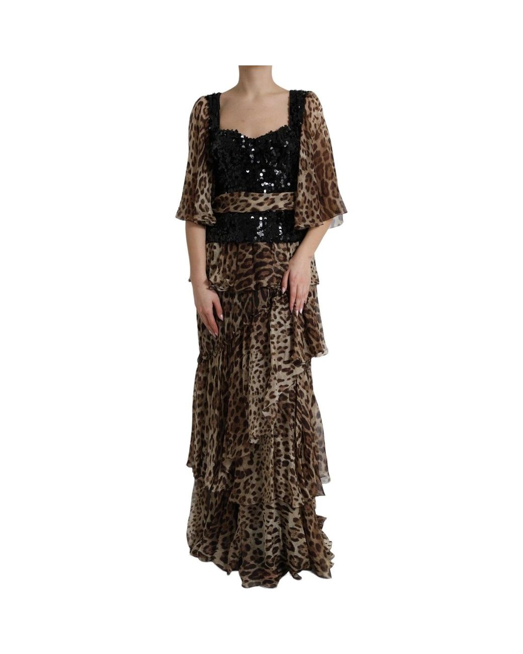 Dolce & Gabbana Black Dolce & Gabbana Leopard Print Silk Sequin Ruffle Maxi Dress