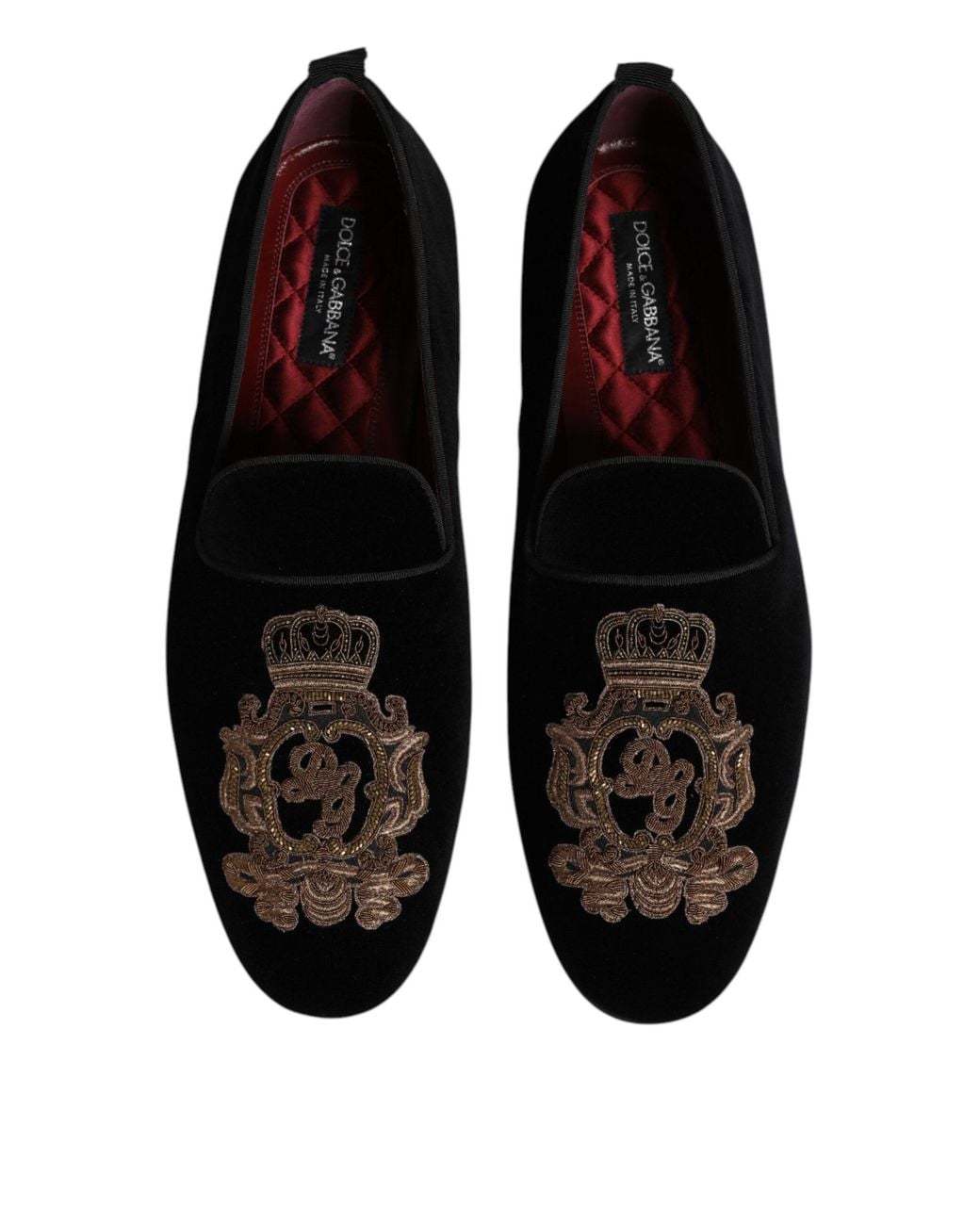 Dolce & Gabbana Black Velvet Gold Crown Mens Loafers Shoes for men
