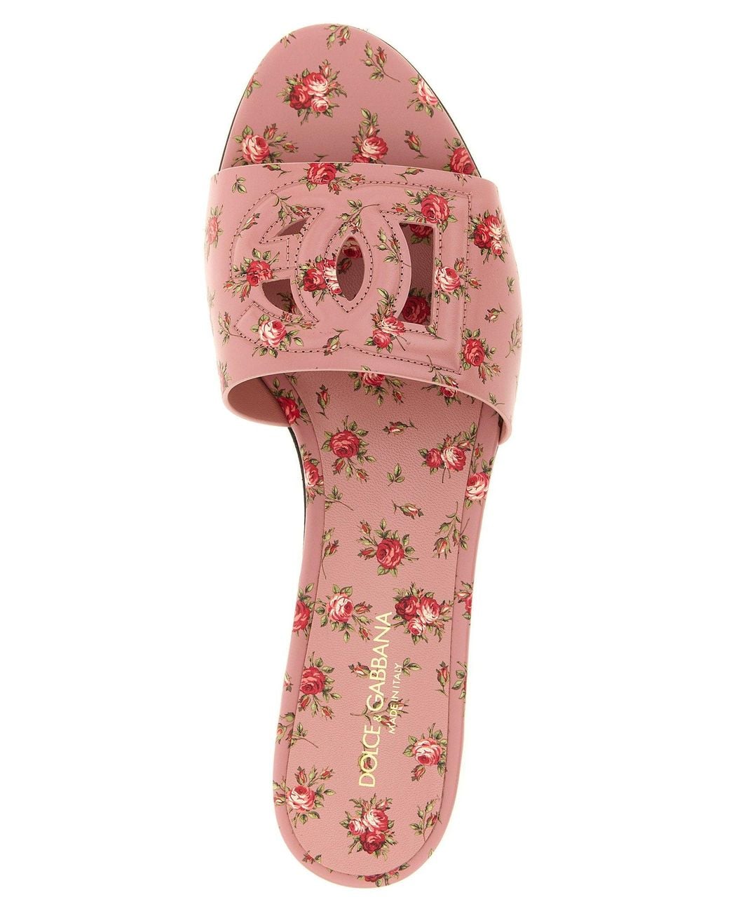 Dolce & Gabbana Pink Dolce & Gabbana Rose-Print Leather Slides