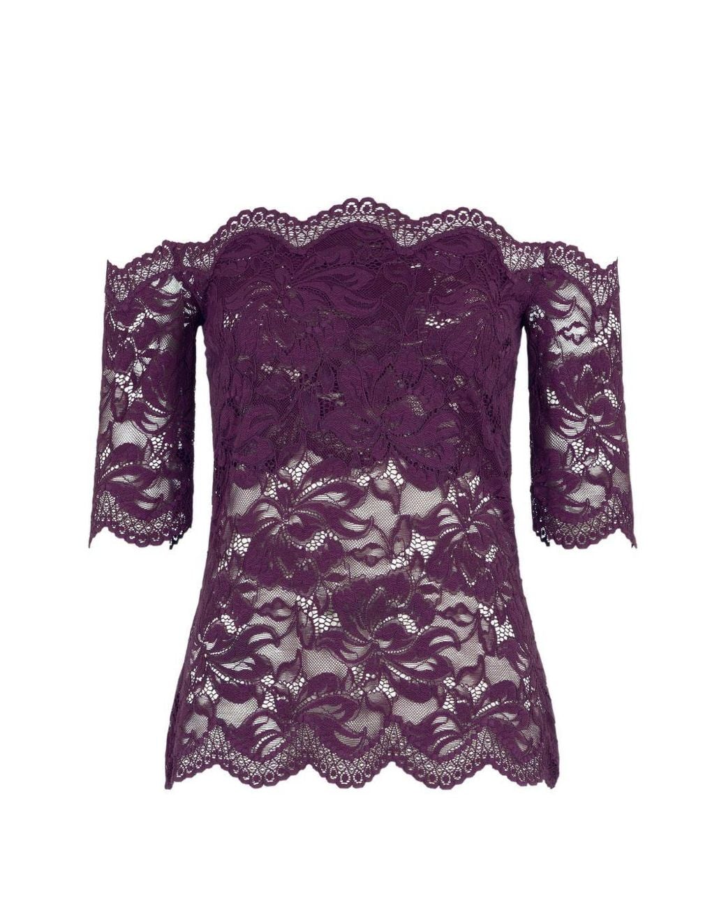 Rabanne Purple Layered Stretch Lace Off-The-Shoulder Short-Sleeved Top