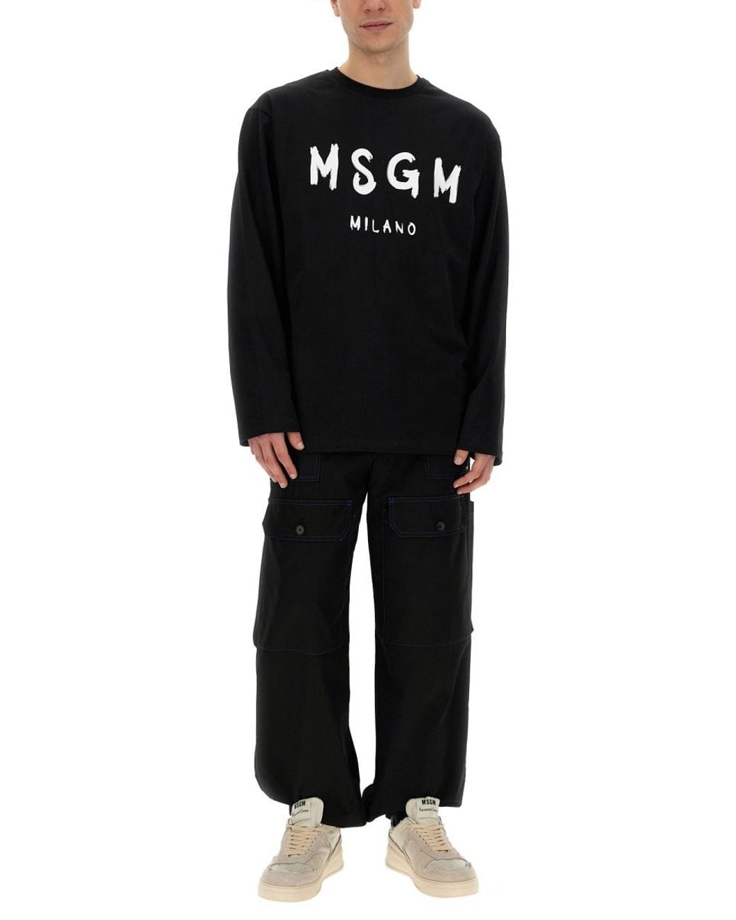 MSGM Black T-Shirt With Brushed Logo for men