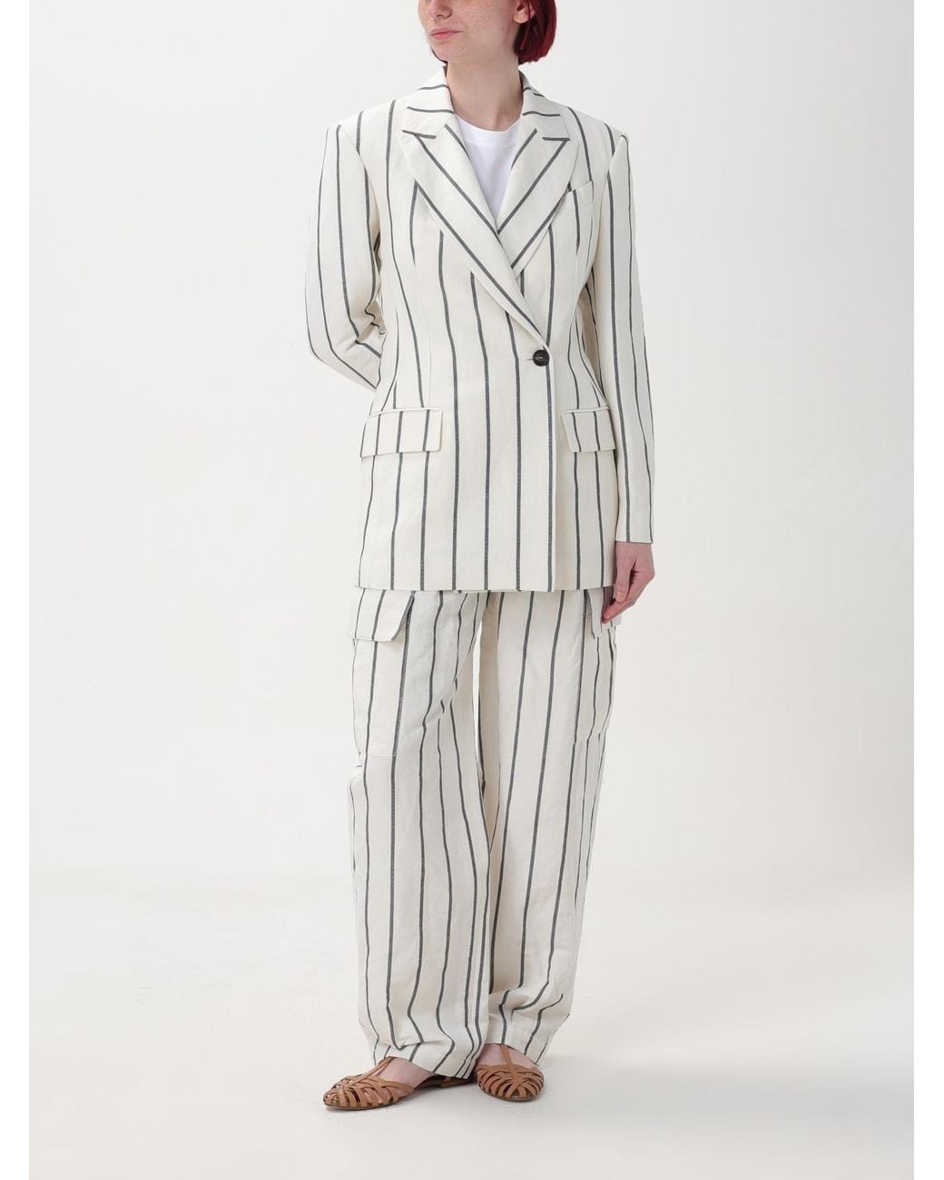 Brunello Cucinelli White Panama Striped Linen Cotton Blazer