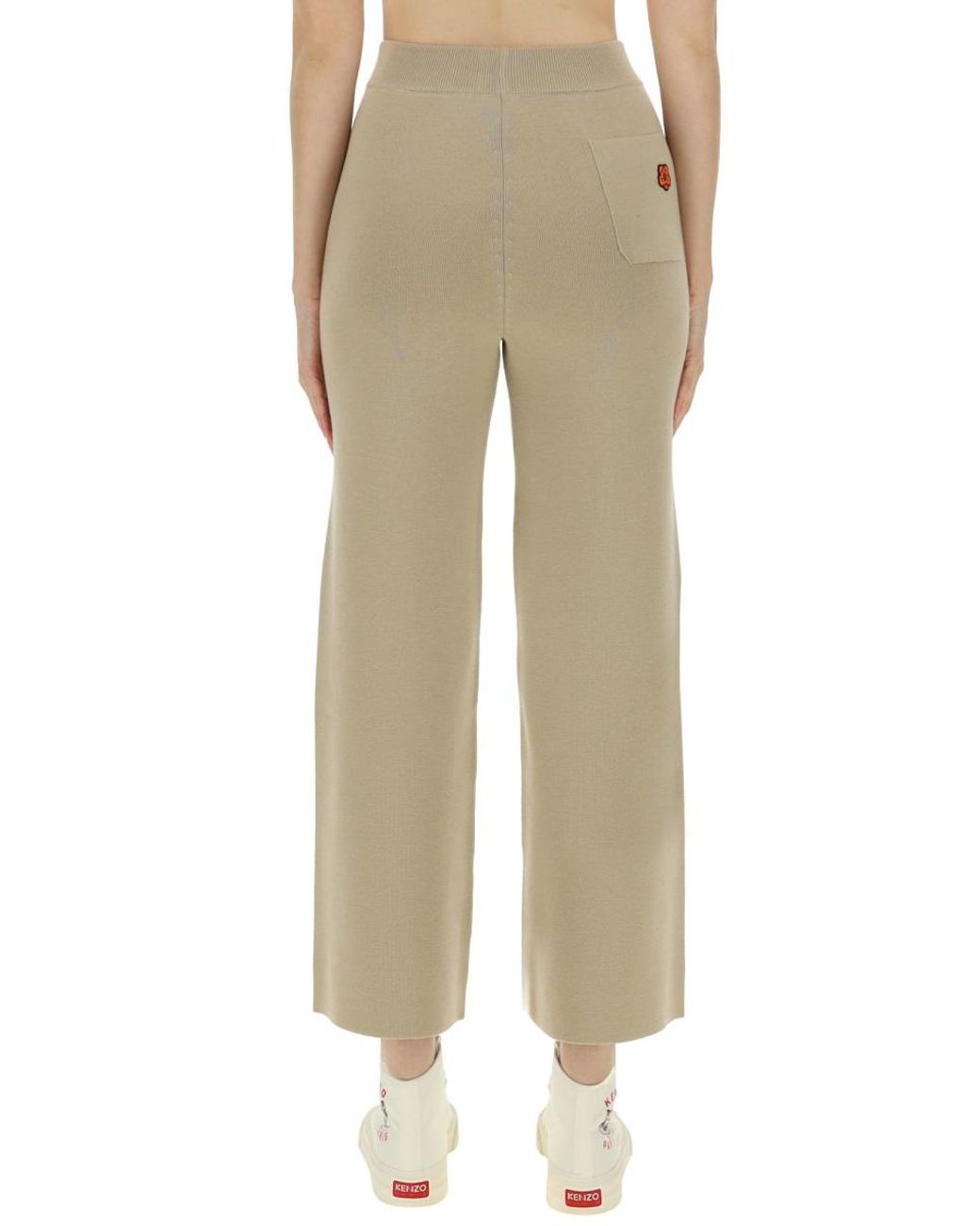 KENZO Natural Cropped Wool Pants With Logo Trousers