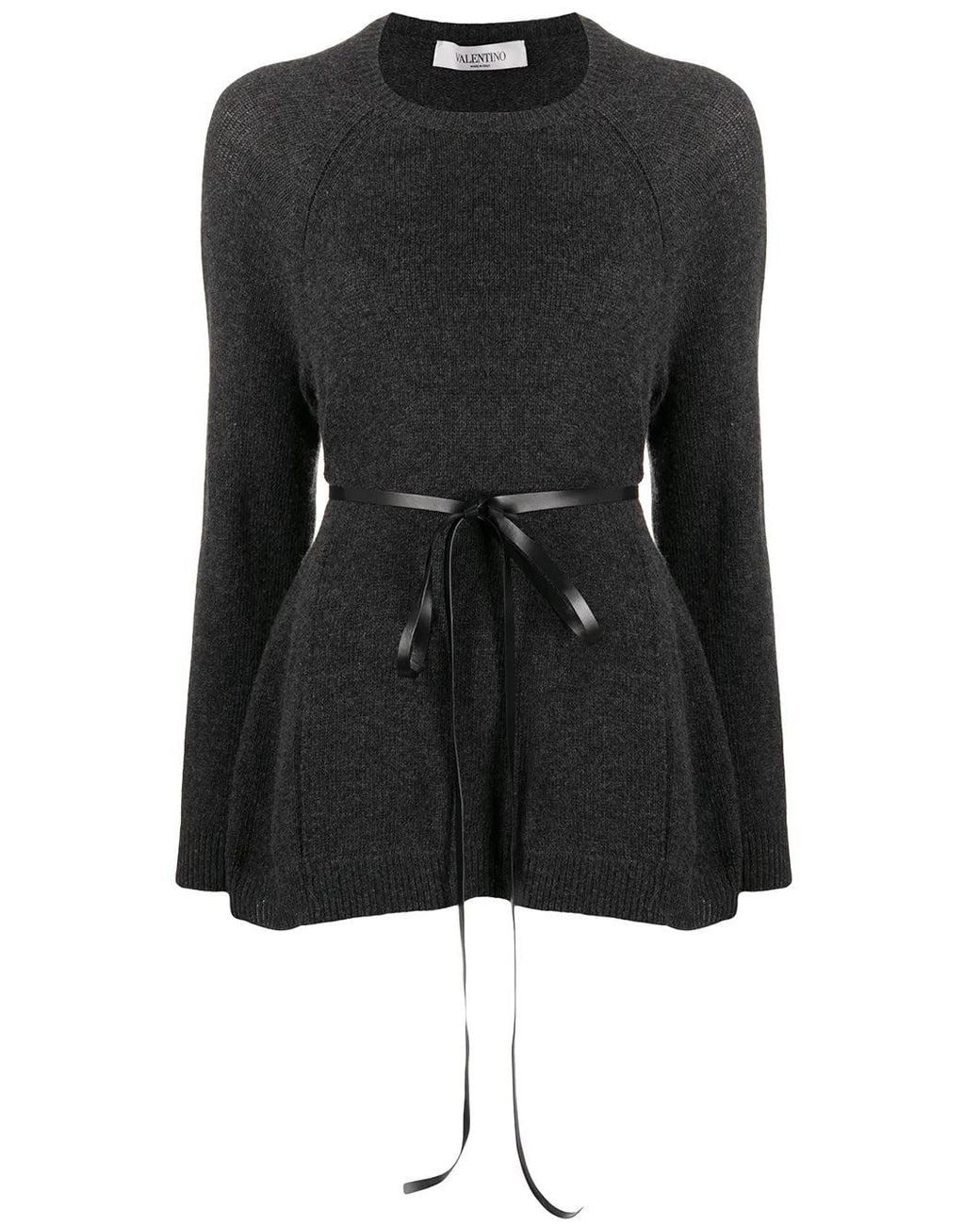 Black Ribbon Ribbed Valentino Ribbon-Belted Wool-Cashmere Sweater in Black | Lyst