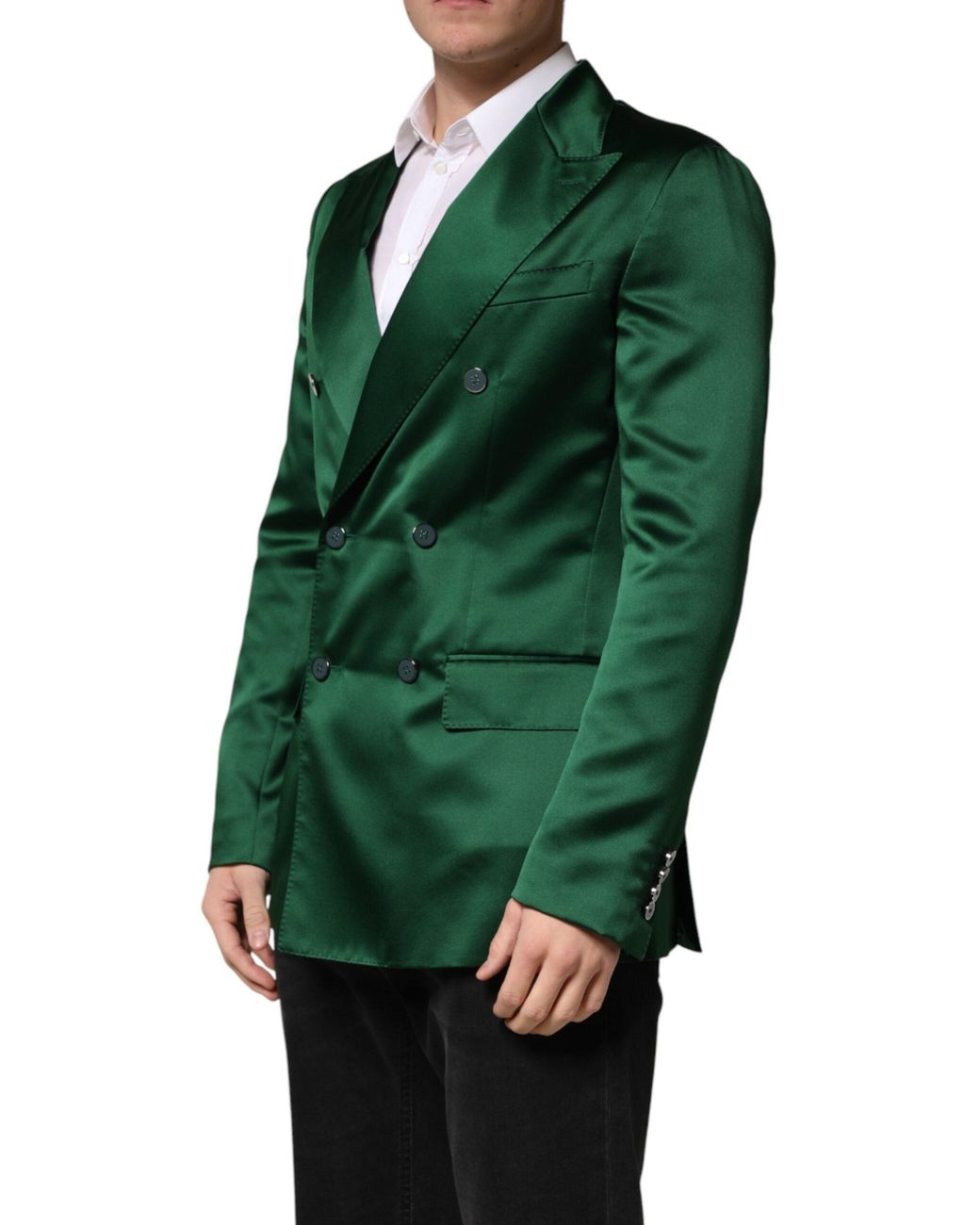 Dolce & Gabbana Green Satin Double Breasted Jacket Blazer Polyester Clothing for men