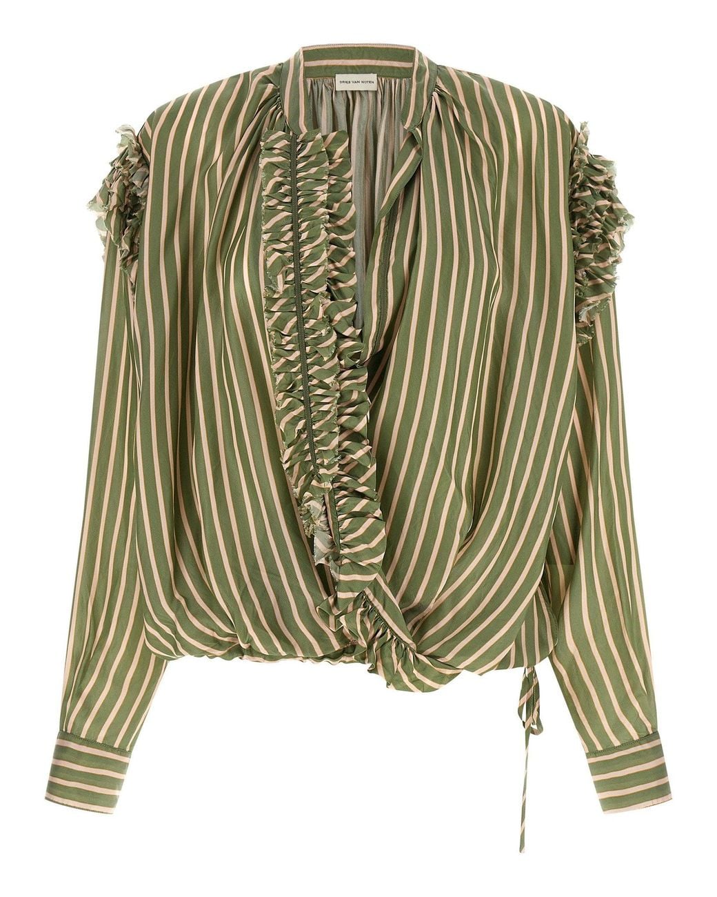 Dries Van Noten Green Striped Cupro With Ruffle Trim Shirt