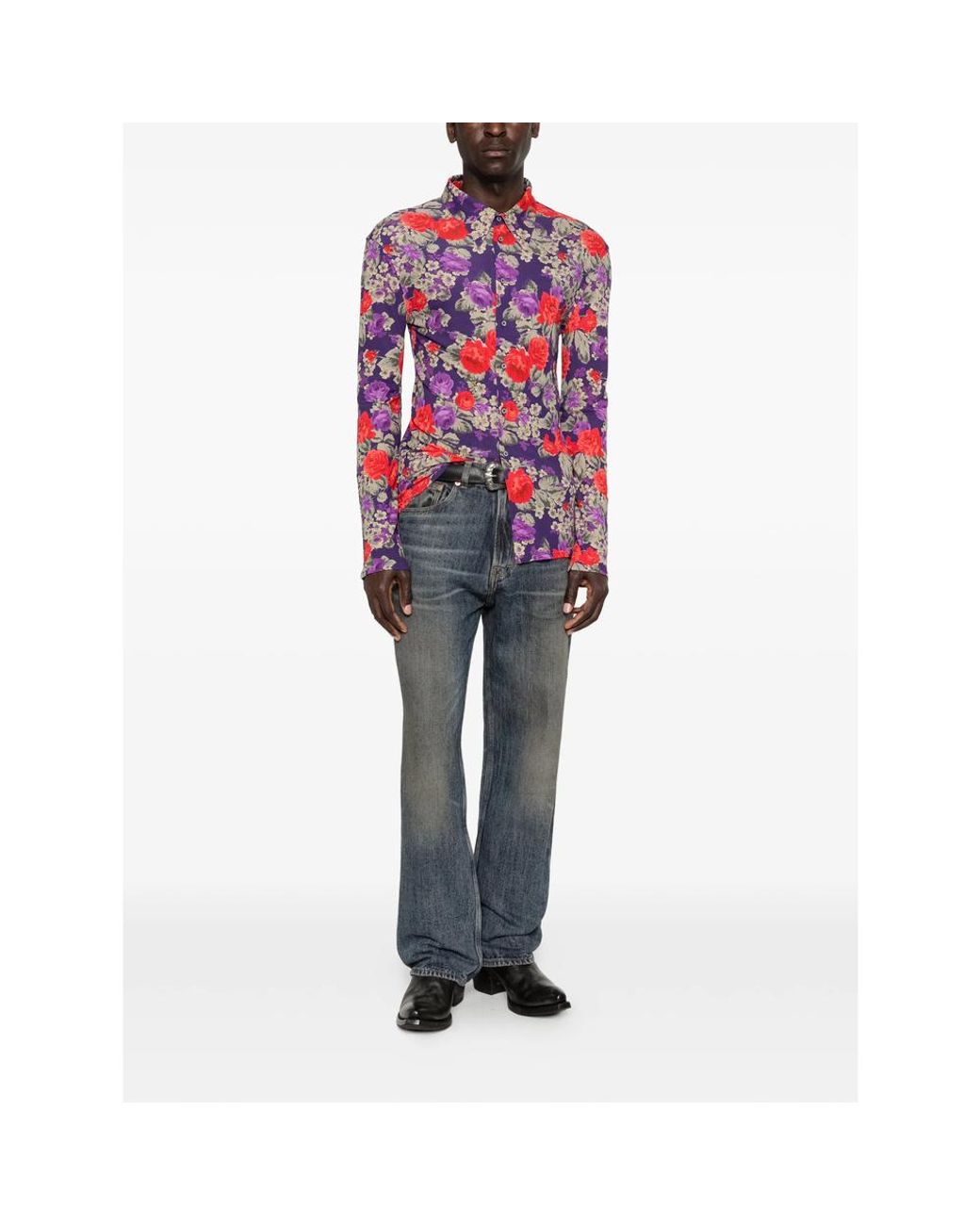 Acne Purple Viscose Shirt With Floral Print for men