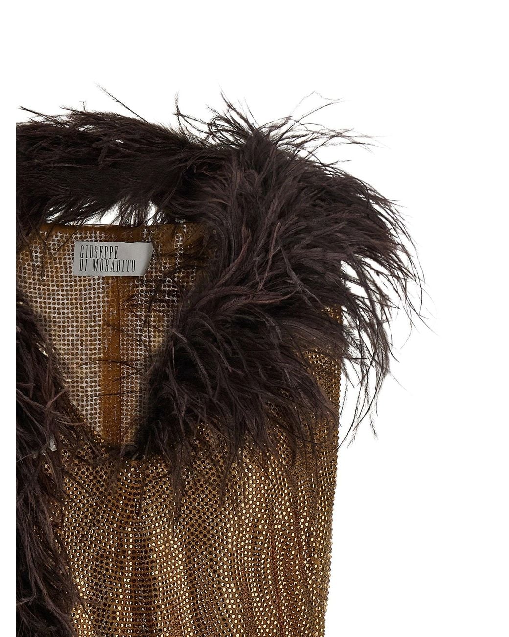 GIUSEPPE DI MORABITO Brown Feather-Trimmed Mesh Tank Top