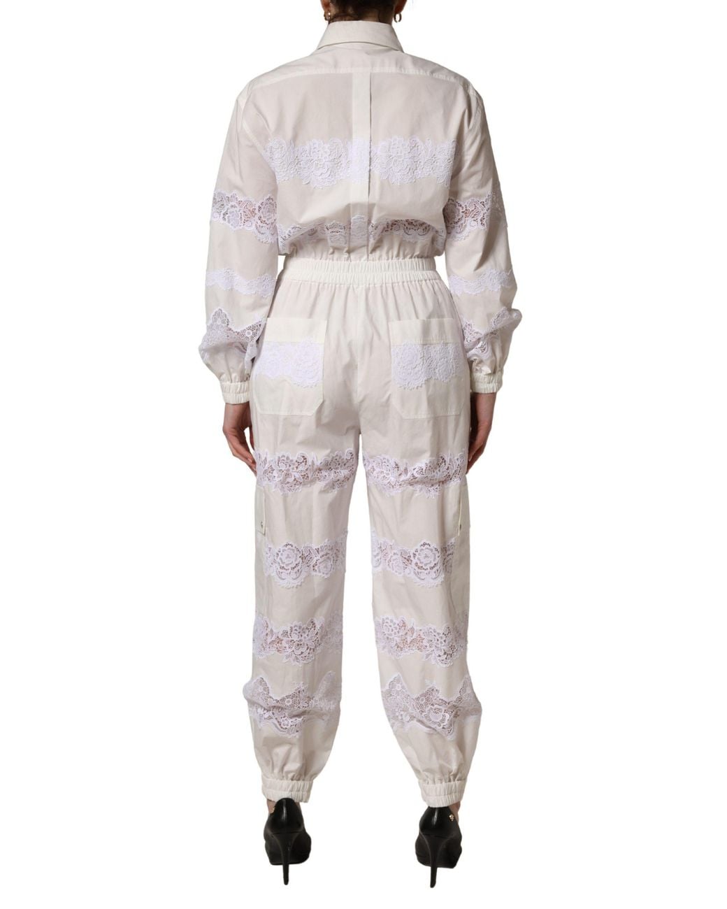 Dolce & Gabbana Gray White Cotton Lace Trim Long Sleeves Jumpsuit