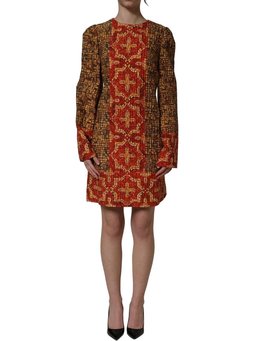 Dolce & Gabbana Orange Dolce & Gabbana Mosaic Print Wool Dress