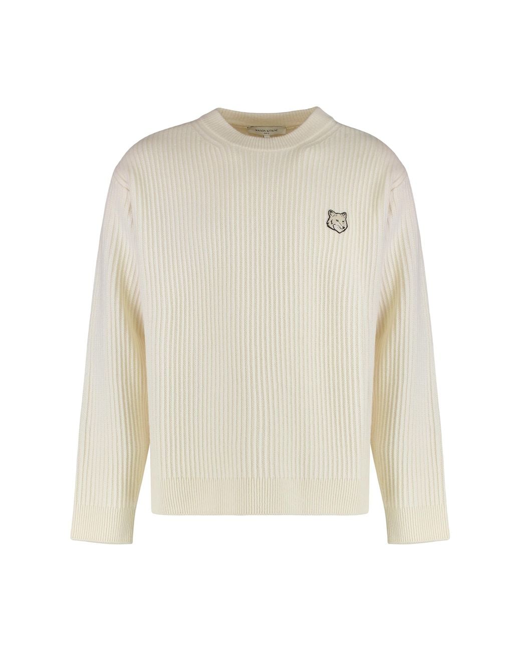 Maison Kitsuné White Ribbed Wool Sweater With Fox Patch Sweatshirts for men