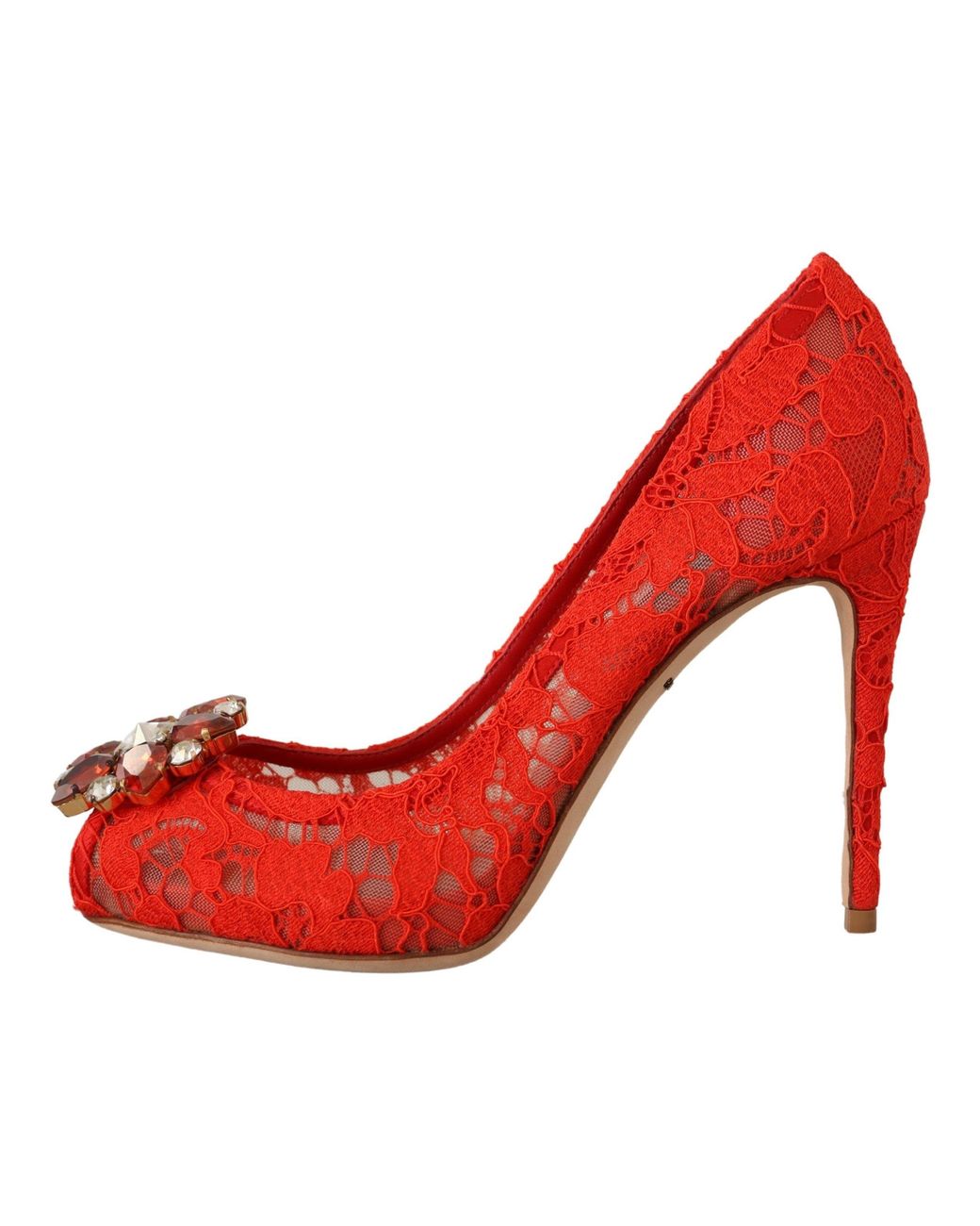 Dolce & Gabbana Red Crystal Taormina Lace Heels Pumps