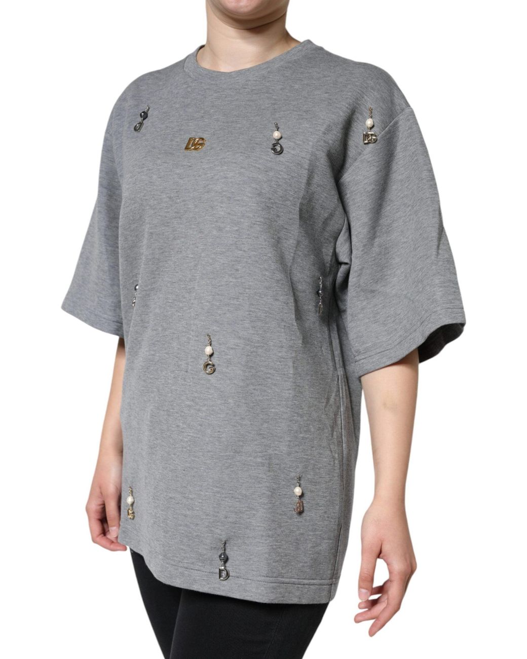 Dolce & Gabbana Gray Cotton Blend Embellished Tee T-Shirt