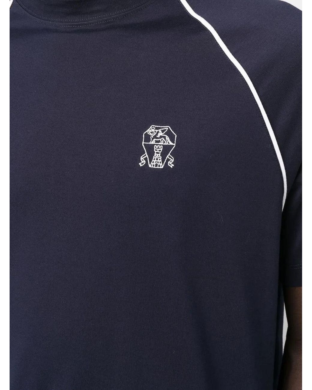 Brunello Cucinelli Blue Cobalt Contrast Piping Crewneck Shirt for men