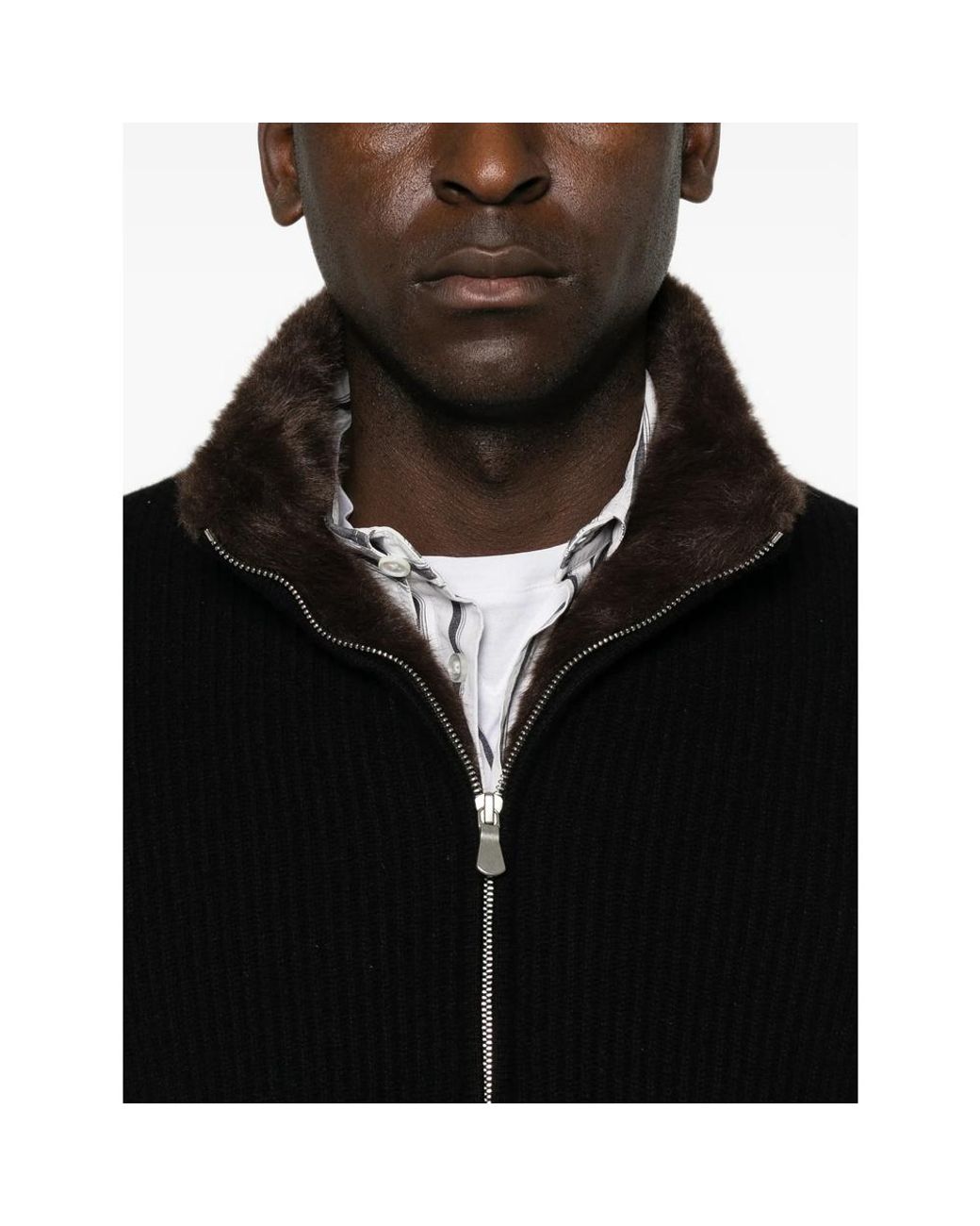 Barba Napoli Black Ribbed-Knit Faux-Fur-Trim Jacket for men