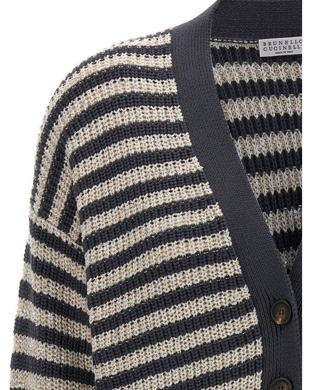 Brunello Cucinelli Black Ether Striped Button Front Sweater Clothing