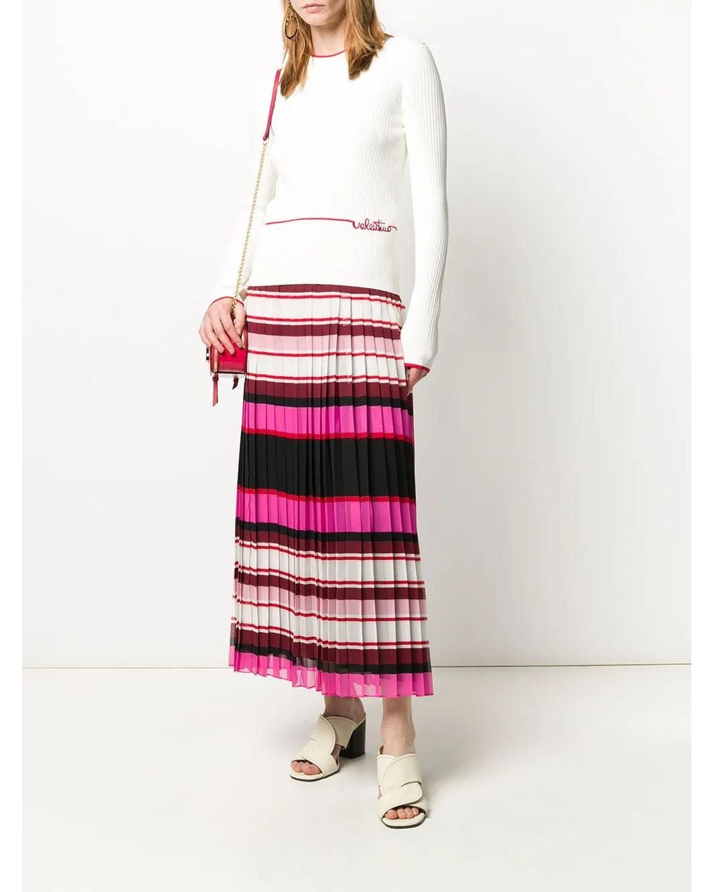 Valentino White Striped Pleated Silk Skirt