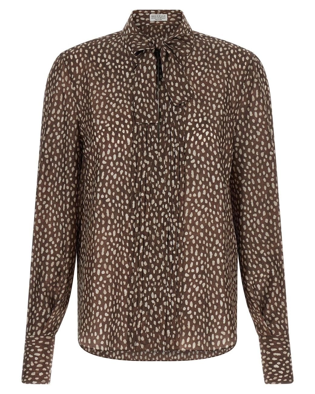 Brunello Cucinelli Brown Lavallière Collar Silk Shirt